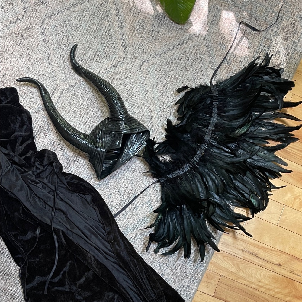 3pc Maleficent Black Feathered Costume Set with Horns